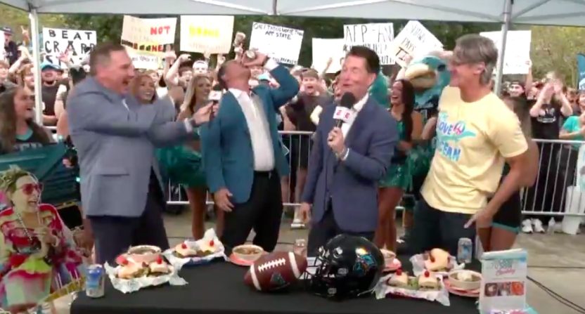 Tim Beck chugging a beer during a live SportsCenter segment